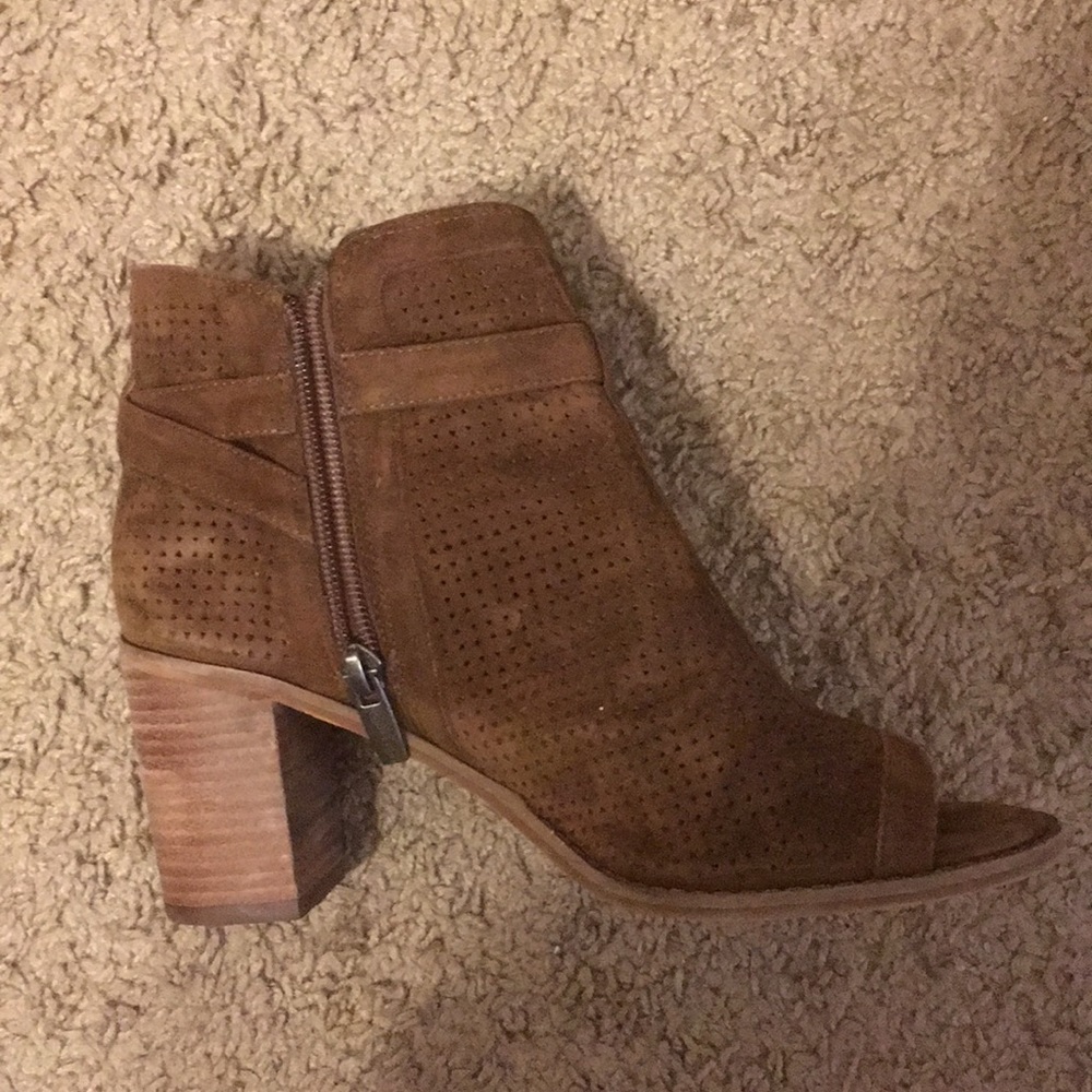 Brown suede peep toe heeled sandal booties